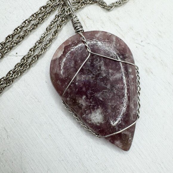 Lepidolite Purple Stone Wire Wrapped Teardrop Pendant Necklace Bohemian 18” - Picture 6 of 10
